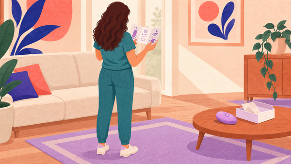 Illustration : une femme vue de dos lit la notice de son nouveau sextoy dans son salon, la boîte ouverte et le jouet violet posés sur la table basse