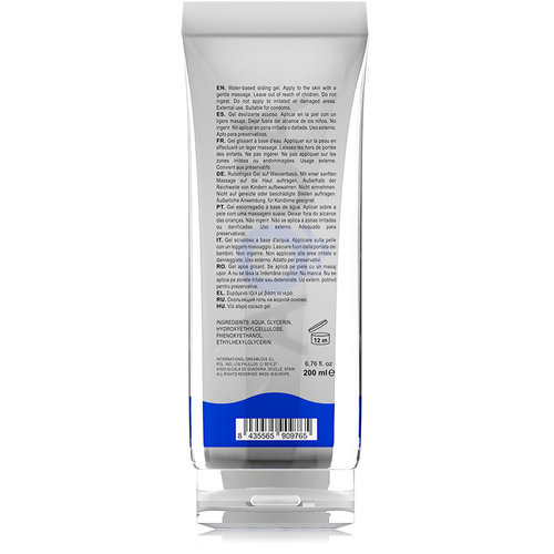 Dos d’un tube transparent de 200 ml, avec mode d’emploi multilingue, liste des ingrédients et pictogramme 12 M