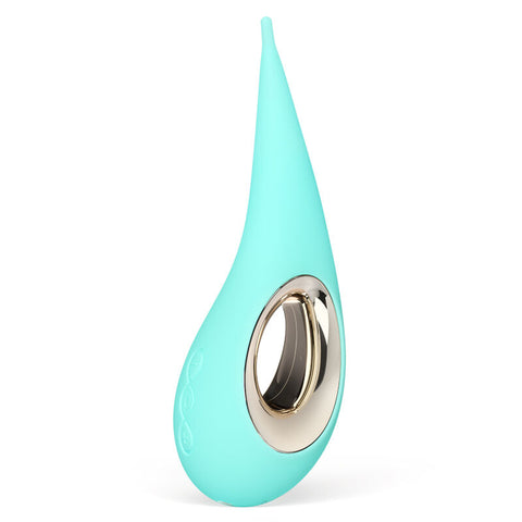 Stimulateur turquoise LELO Dot à pointe fine, avec ouverture ovale noire entourée d’une bordure argentée