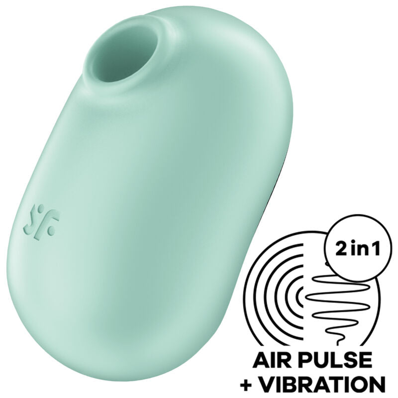 Satisfyer Pro To Go 2 vert menthe vu de biais, ouverture ovale et pictogramme Air Pulse plus Vibration