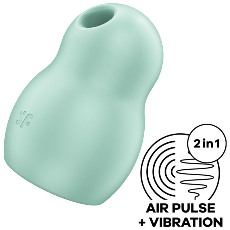 Satisfyer Pro To Go 1 vert menthe vu de biais, avec ouverture ovale et pictogramme Air Pulse plus Vibration