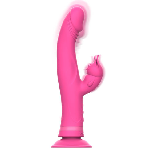 Vibromasseur rose à deux branches fixé sur sa ventouse, tête dessinée en plusieurs positions