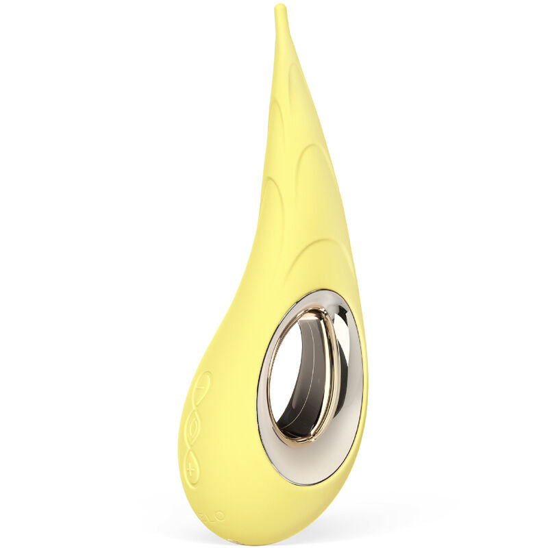 Stimulateur jaune LELO Dot Cruise à pointe fine, avec commande ovale argentée et noire sur le côté