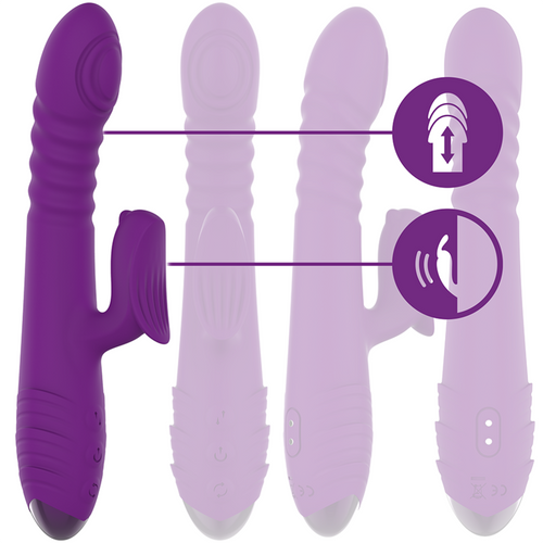 Quatre vues du vibromasseur violet montrant la tête mobile, la branche latérale et les boutons à la base