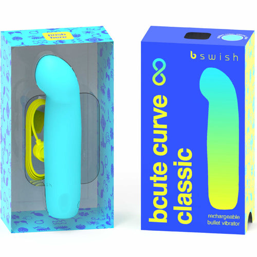 Boîte ouverte contenant le dispositif bleu clair et son câble jaune, à côté du coffret fermé