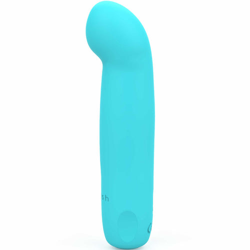Dispositif bleu turquoise incurvé présenté de profil, avec bouton ovale près de la base