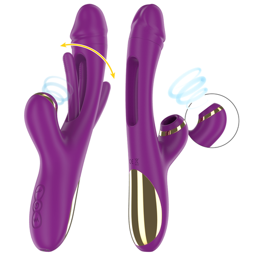 Deux faces du dispositif violet montrant tiges souples, ouverture latérale, commandes et panneau doré