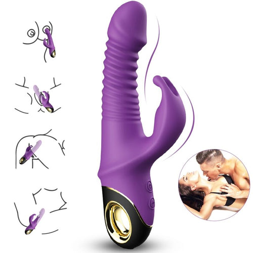 Vibromasseur violet à deux branches avec quatre schémas de mise en place et portrait d’un couple