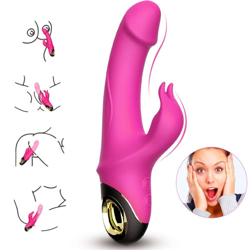 Vibromasseur rose à deux branches entouré de quatre schémas de mise en place et d’un portrait en médaillon