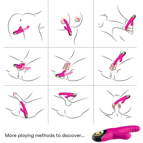 Neuf schémas de mise en place sur des silhouettes anatomiques, avec un vibromasseur rose et son gros plan