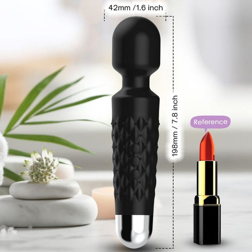 Masseur noir comparé à un rouge à lèvres, cotes de 198 mm de haut et 42 mm pour la tête