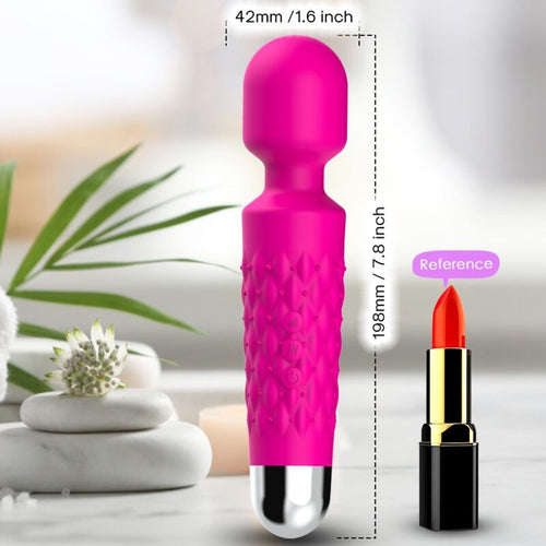 Masseur fuchsia à tête ronde comparé à un rouge à lèvres, cotes de 198 mm en hauteur et 42 mm de large