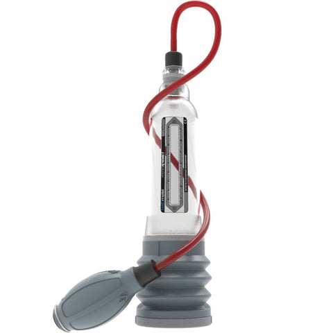 Pompe à eau Bathmate HydroXtreme 7, cylindre gradué avec soufflet gris et poire reliée par tuyau rouge