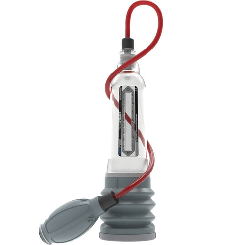 Pompe à eau Bathmate HydroXtreme 7, cylindre gradué avec soufflet gris et poire reliée par tuyau rouge