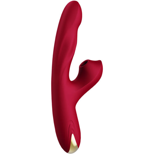 Vibromasseur bordeaux vu de profil, tige courbée, embout latéral creux et détail clair à la base