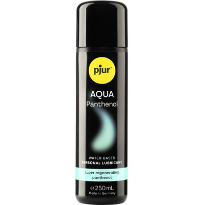 Flacon noir Pjur Aqua Panthénol de 250 ml, avec étiquette jaune et bande turquoise