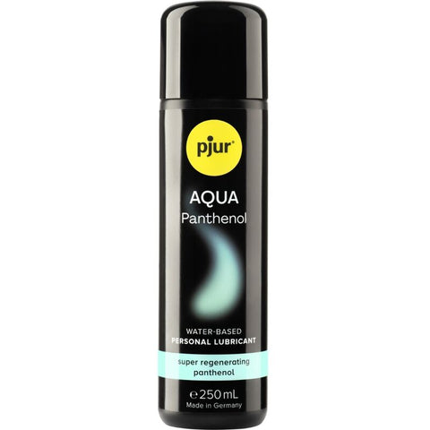 Flacon noir Pjur Aqua Panthénol de 250 ml, avec étiquette jaune et bande turquoise