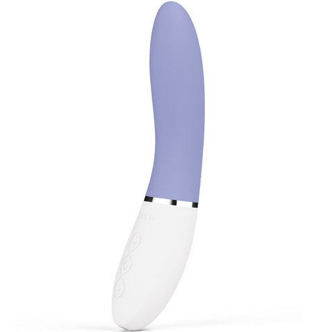 Stimulateur LELO Liv 3 bleu lavande et blanc, extrémité courbe, bague argentée et trois boutons latéraux