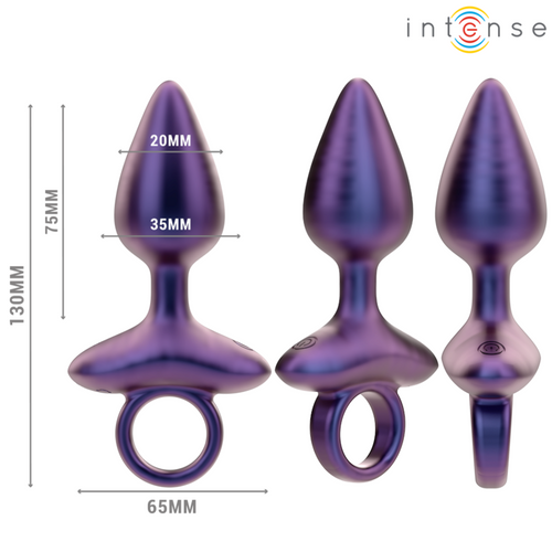 Trois vues du plug violet à anneau, coté à 130, 75, 65, 35 et 20 mm