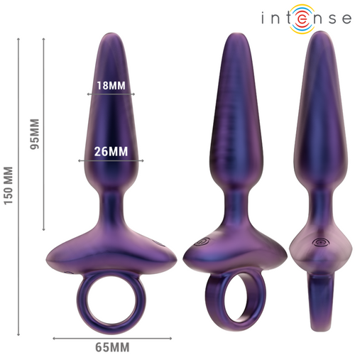 Trois vues du plug violet avec anneau de préhension, cotes de 150, 95, 65, 26 et 18 mm