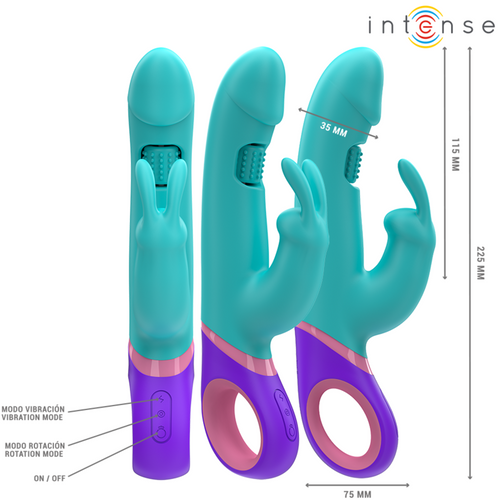 Trois vues du vibromasseur turquoise à base violette, coté à 225, 115, 75 et 35 mm