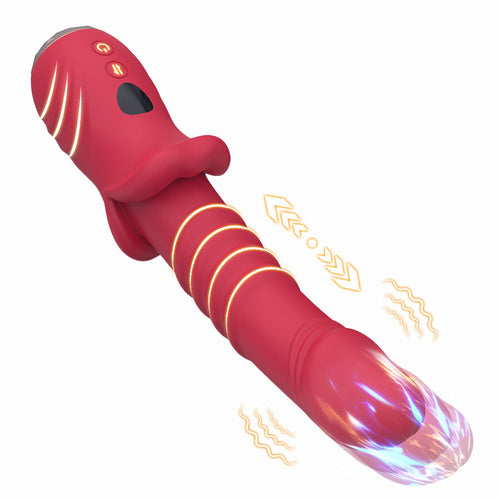 Gode rose strié vu en diagonale, avec extrémité lumineuse et flèches illustrant mouvement et vibration