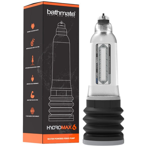 Pompe à eau Bathmate Hydromax 6 avec cylindre argenté et soufflet noir, à côté de sa boîte noire et orange