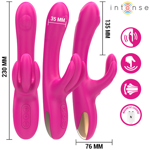 Trois vues du dispositif rose avec trois boutons, dimensions de 230 mm de haut et 76 mm à la base