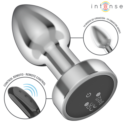 Plug argenté à tête effilée montré incliné, avec dessous de la base et télécommande en médaillons