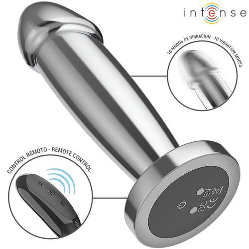 Plug métallique argenté à base plate, montré incliné avec le dessous et la télécommande en médaillons