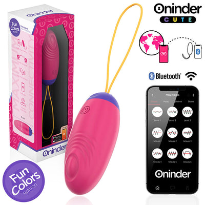 Œuf connecté Oninder Cute rose à cordon jaune, présenté avec sa boîte et un écran de modes sur smartphone