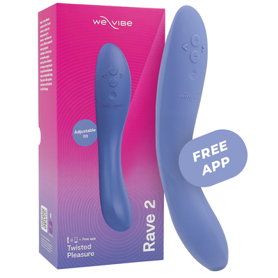We-Vibe Rave 2 bleu lavande courbé devant sa boîte rose et violette, avec la mention Free App