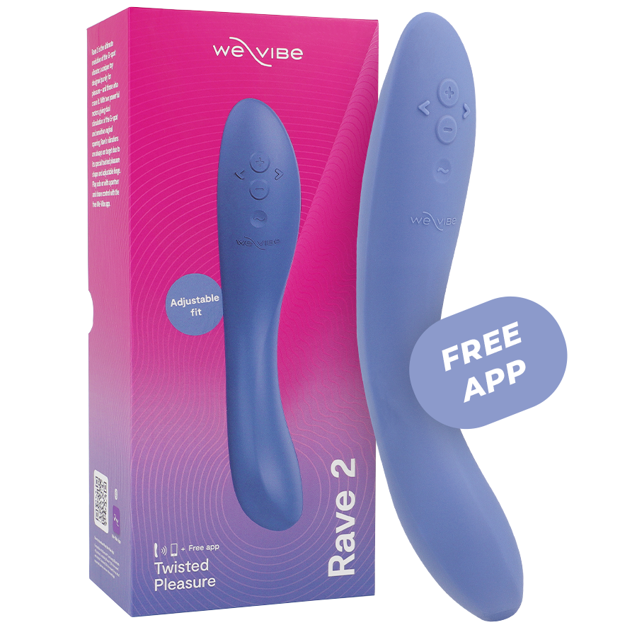 We-Vibe Rave 2 bleu lavande courbé devant sa boîte rose et violette, avec la mention Free App