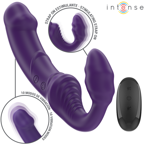 Vibromasseur violet à deux branches avec télécommande noire, deux zones montrées en gros plan