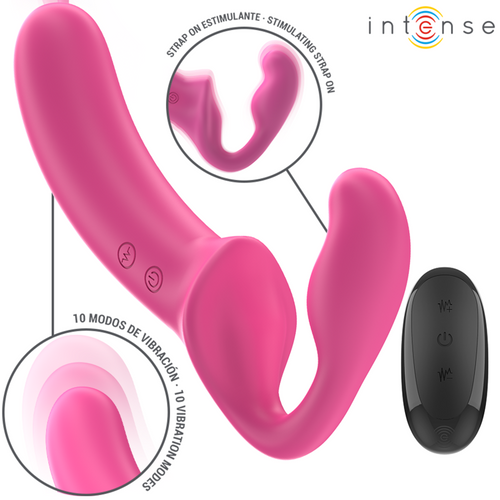 Dispositif rose à deux branches avec télécommande noire, dix modes de vibration indiqués