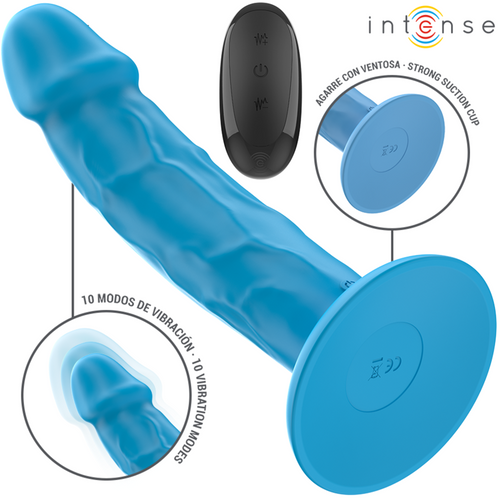 Vibromasseur bleu texturé avec télécommande noire et gros plan de sa large ventouse