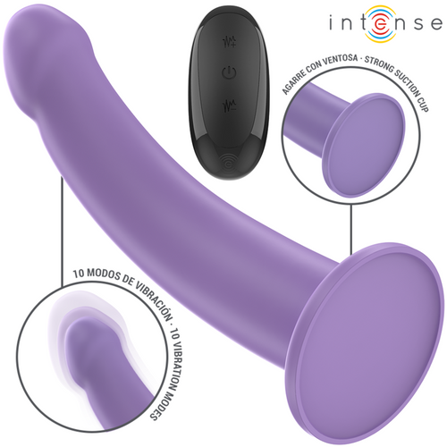 Vibromasseur violet courbé avec télécommande noire, ventouse détaillée et 10 modes de vibration indiqués