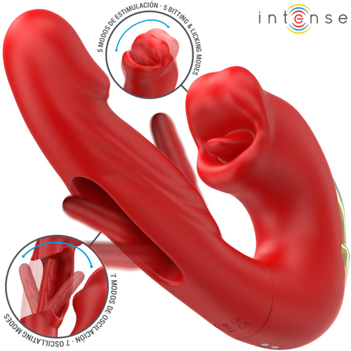 Vibromasseur rouge à deux branches avec gros plans de l’ouverture et de la languette mobile