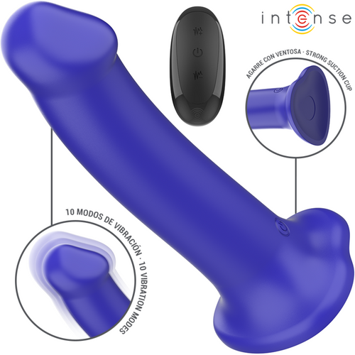 Vibromasseur bleu à large ventouse avec télécommande noire, tête et base détaillées en médaillons