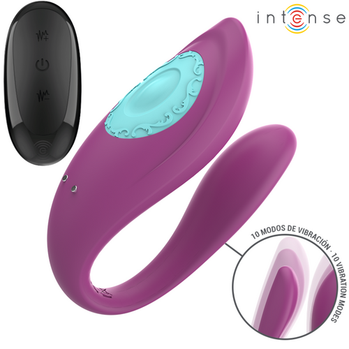 Dispositif violet en U avec insert ovale bleu clair, télécommande noire et dix modes indiqués