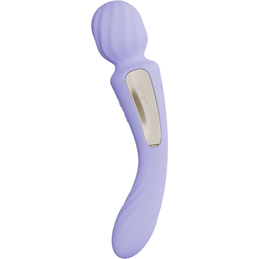 Wand lilas LELO Switch à tête ronde striée, poignée courbe et panneau doré longitudinal