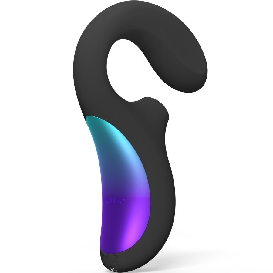 Stimulateur noir LELO Enigma Wave en forme de C, avec branche arrondie et panneau latéral bleu violet