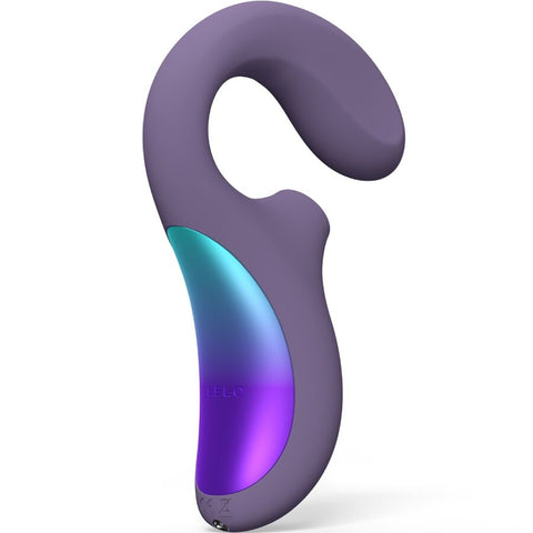 Stimulateur violet LELO Enigma Wave en forme de C, avec branche courbe et large panneau irisé sur la poignée