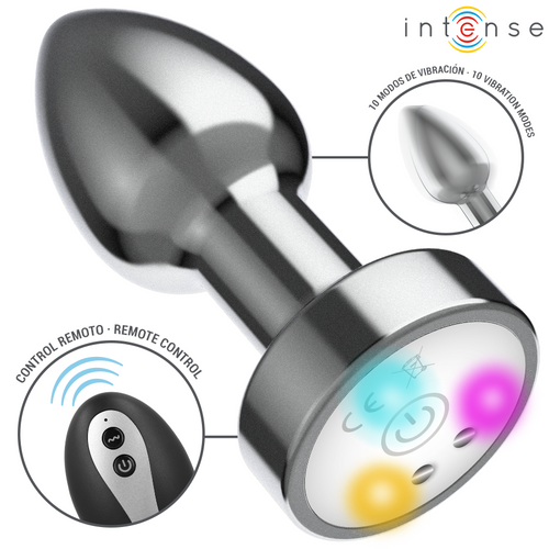 Plug métallique argenté à base lumineuse multicolore, avec télécommande noire à deux boutons