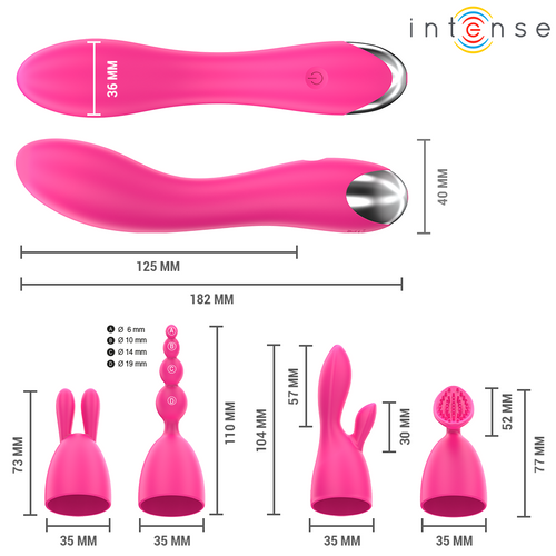 Schéma coté de la poignée rose de 182 mm avec quatre embouts interchangeables mesurés séparément