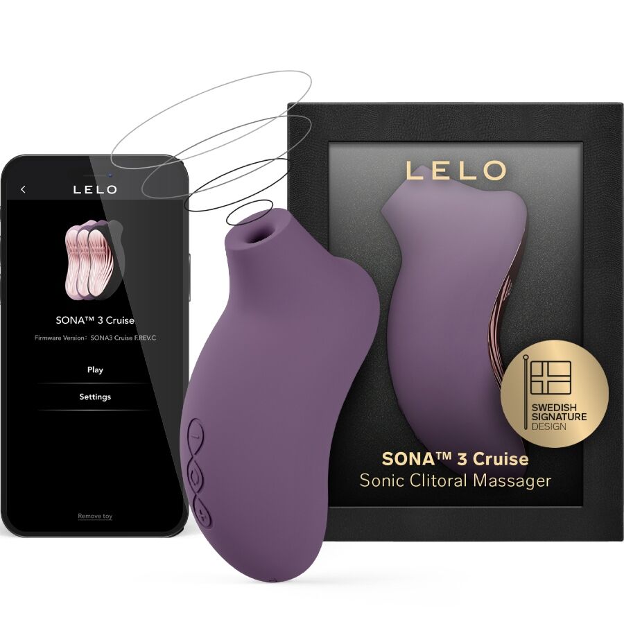 Stimulateur prune LELO Sona 3 Cruise devant son coffret, avec son application sur un téléphone