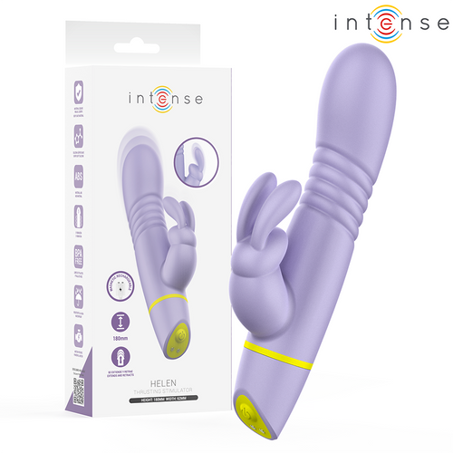 Vibromasseur violet à deux branches devant sa boîte, avec bouton jaune visible à la base