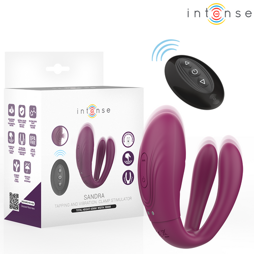 Stimulateur violet à deux branches devant sa boîte, avec télécommande noire à trois boutons