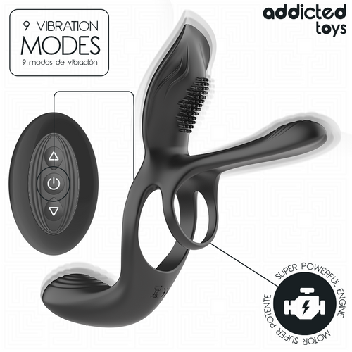 Anneau couple Addicted Toys noir et sa télécommande ronde, 9 modes de vibration annoncés