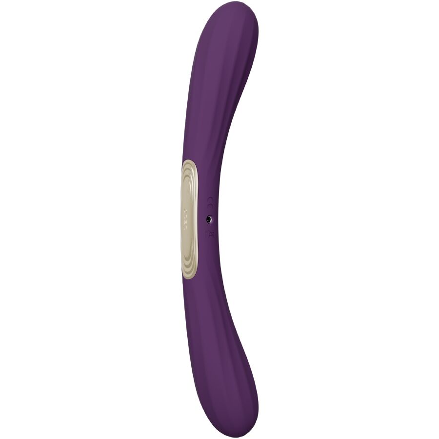 Vibromasseur courbé violet LELO Boomerang avec deux bouts arrondis et commande beige centrale